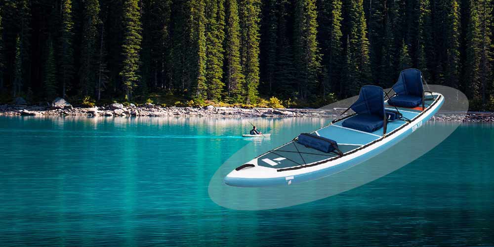 a paddle board with seat on the lake