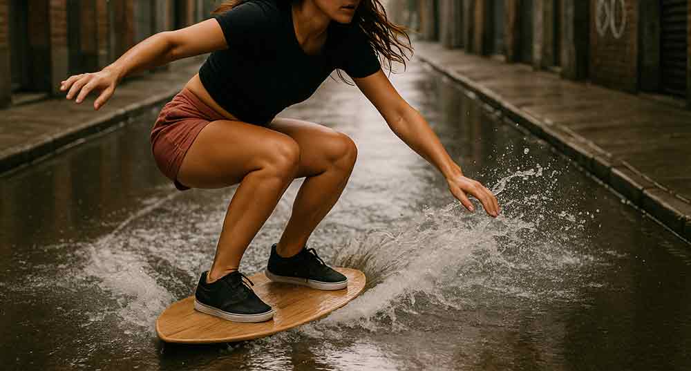 a woman urban skimboarding