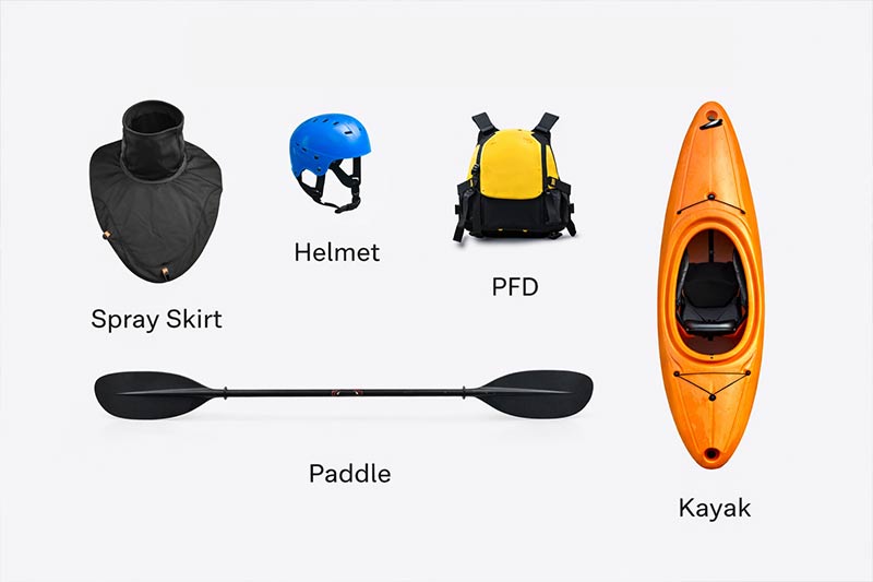 whitewater kayak beginner gear helmet paddle pfd spray skirt