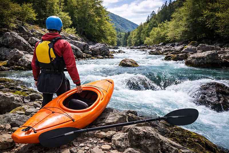 whitewater kayak beginner standing by river with kayak
