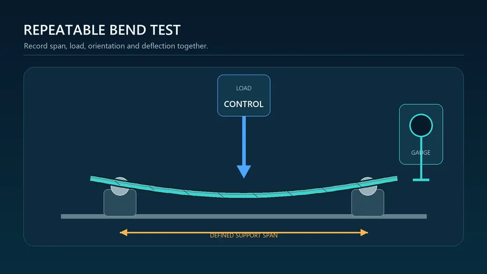 Three-point bend test setup for measuring carbon paddle shaft deflection