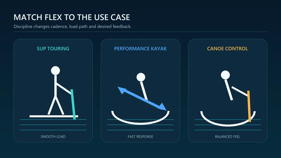 SUP, kayak and canoe shaft flexibility requirements compared by paddling discipline