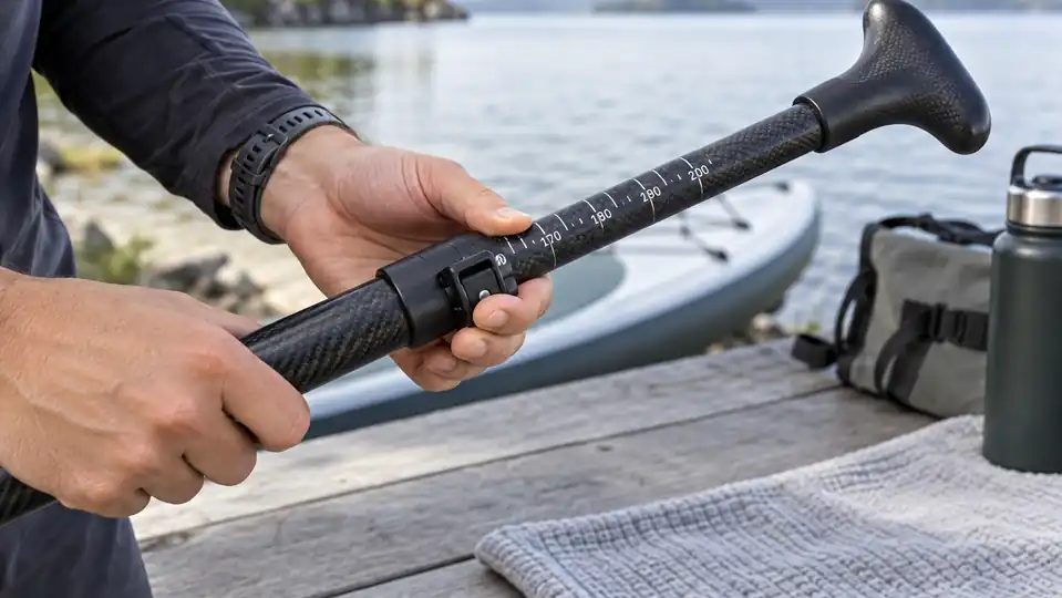 Hands adjusting the clamp and markings on a carbon SUP paddle