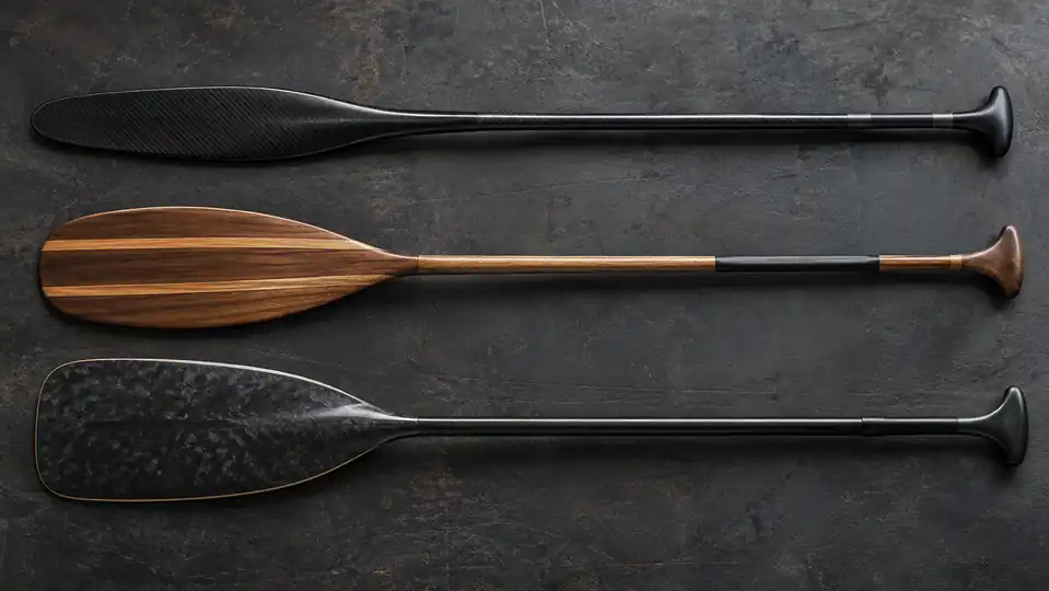 Ottertail all-round and square canoe paddle blade shapes on a workbench