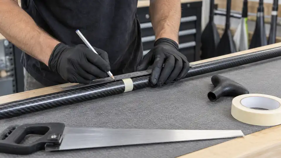 Technician marking a carbon SUP paddle shaft before handle fitting