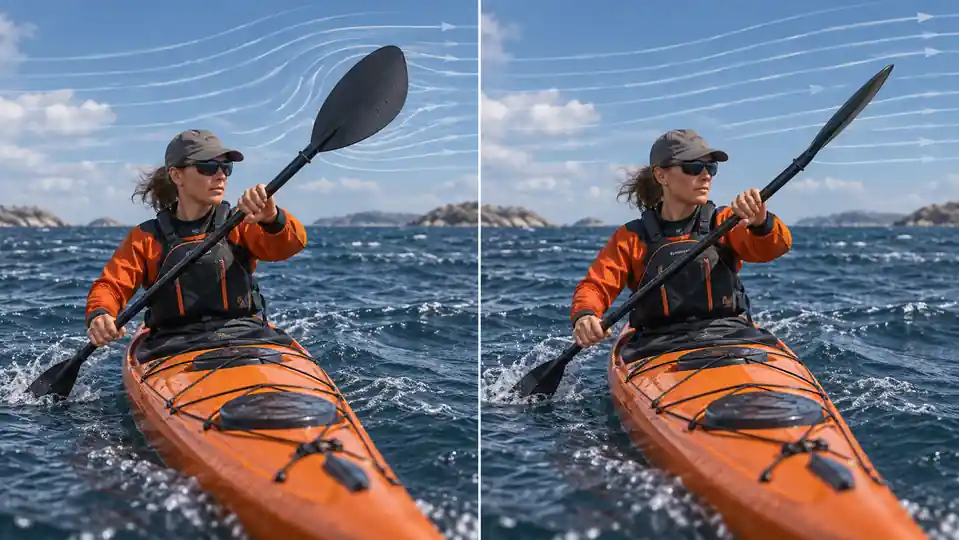 Unfeathered and feathered kayak paddle recovery blades compared in a headwind