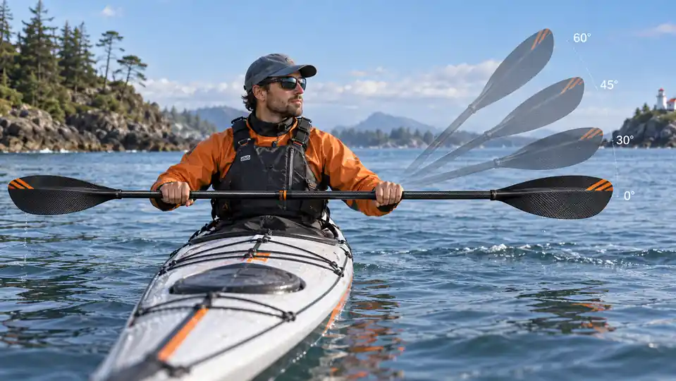 Kayaker comparing 0 30 45 and 60 degree kayak paddle feather angles
