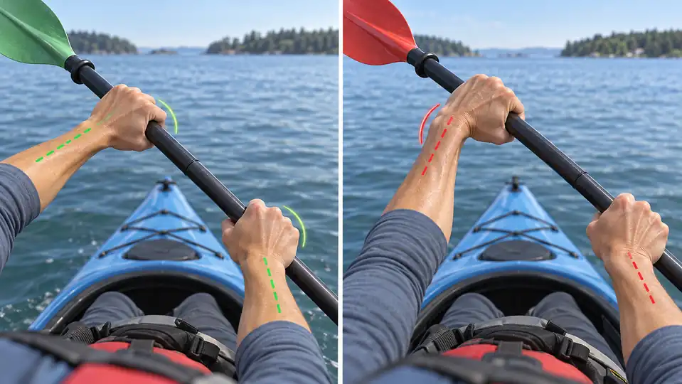 Neutral wrist and over-cocked wrist compared while holding a kayak paddle