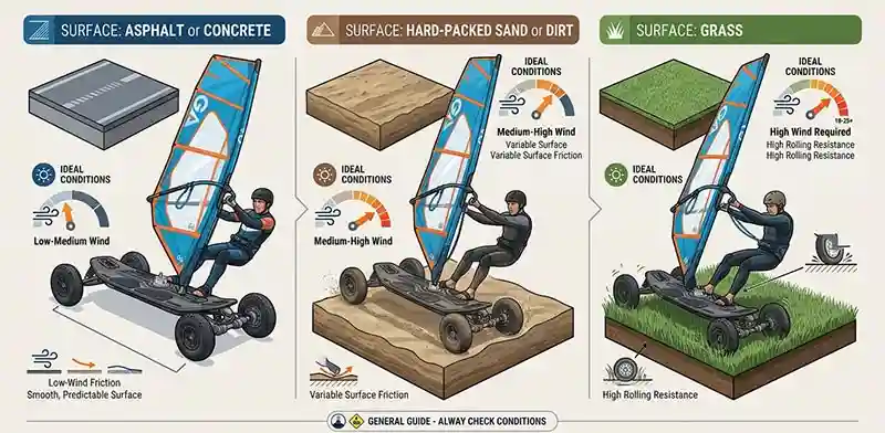 land windsurfing on asphalt sand and grass