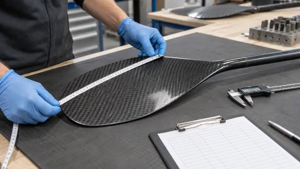 Technician measuring carbon paddle blade width during sample evaluation
