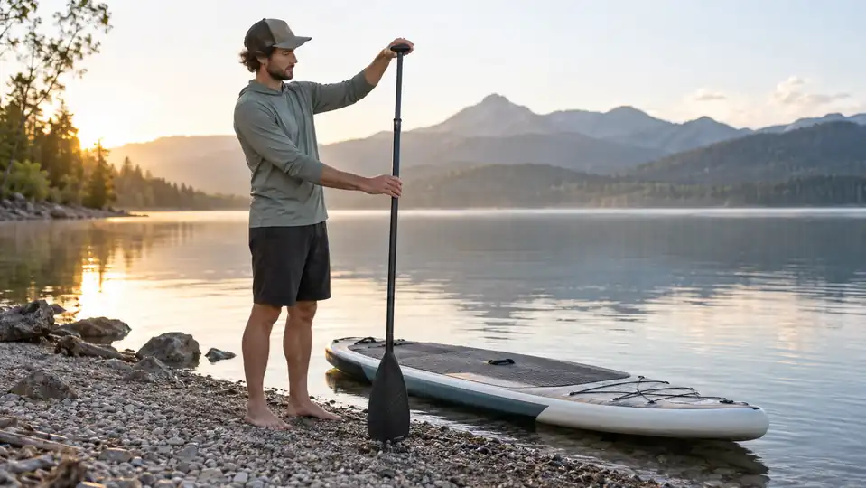 SUP Paddle Length Guide showing a paddler checking adjustable paddle height
