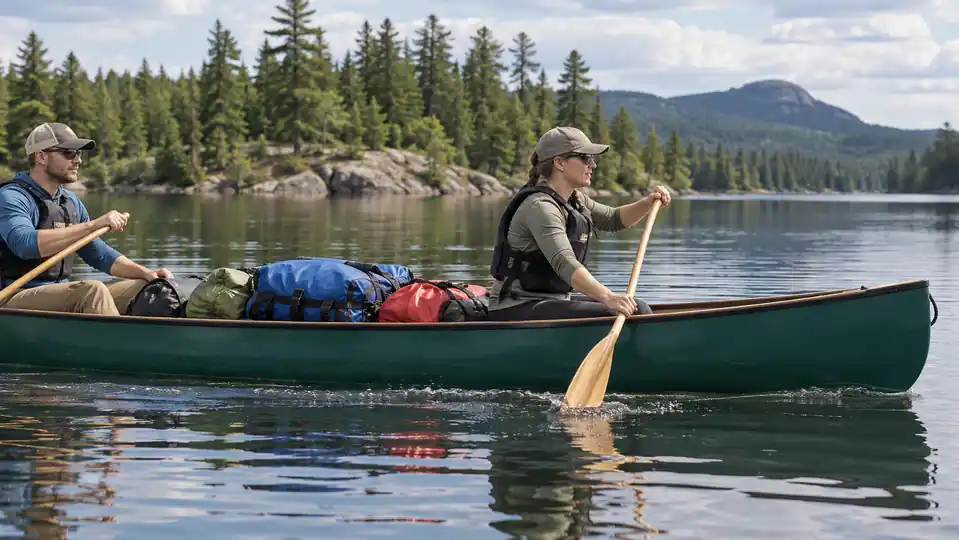 Tandem canoe paddlers using bent-shaft paddles on flat water