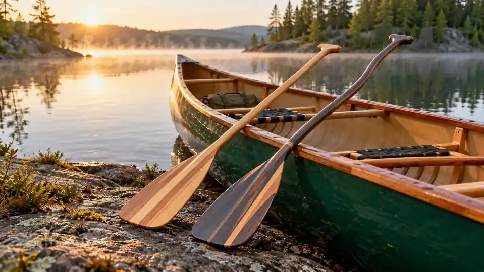 Bent Shaft vs Straight Shaft Canoe Paddle comparison beside a touring canoe