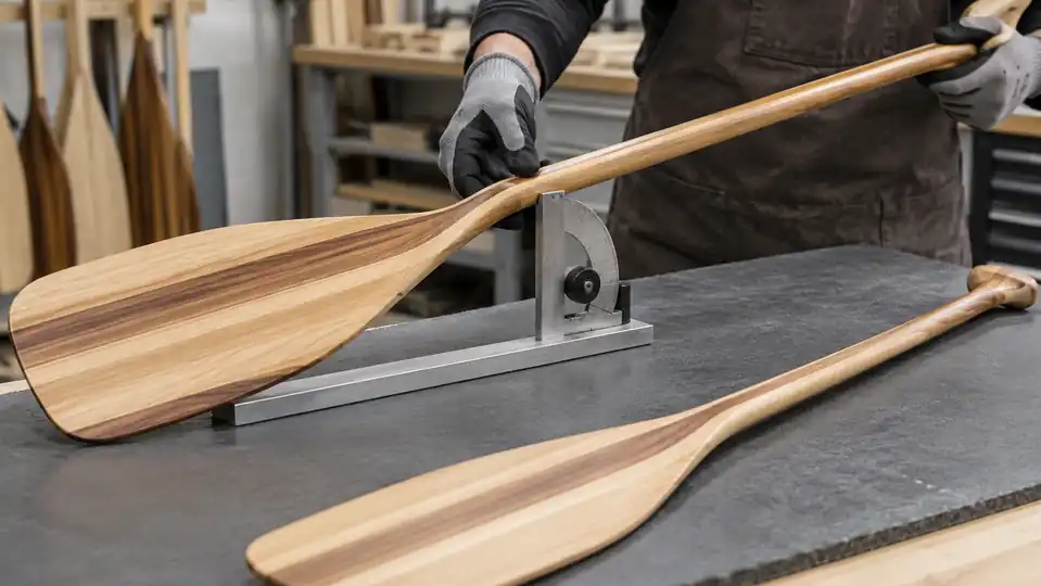 Technician checking canoe paddle bend angle and alignment
