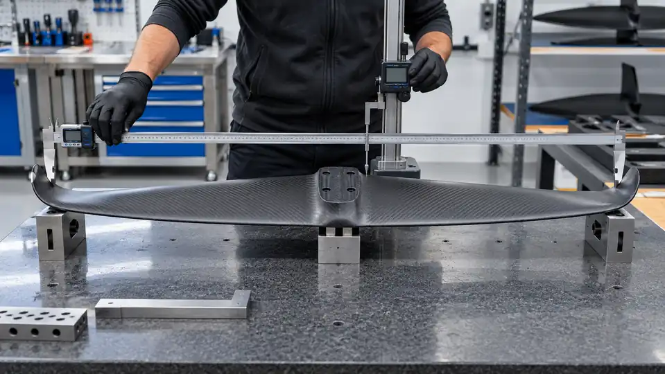 Technician measuring carbon hydrofoil front wing span and symmetry