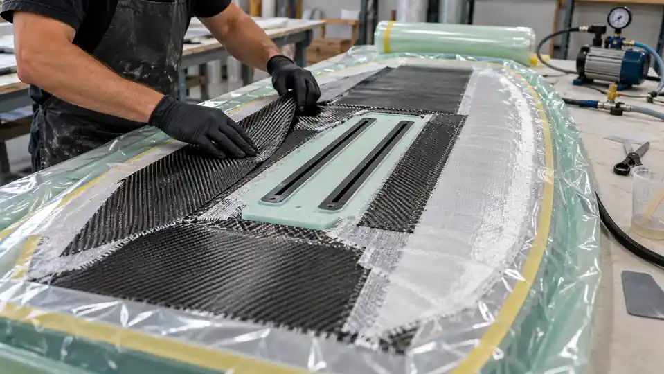 Carbon and fiberglass reinforcement laminated around twin foil tracks