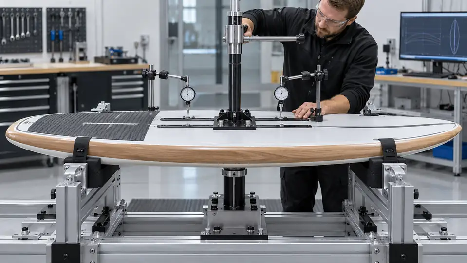 Foil board track box load test using a dummy mast plate and indicators