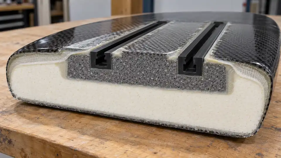 Cutaway sample showing twin foil tracks bonded into a high-density foam insert