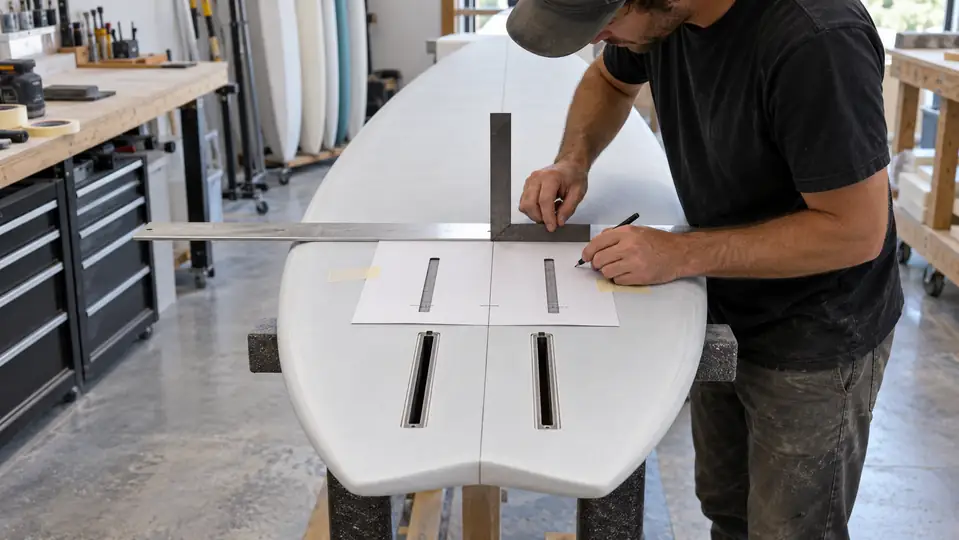 Board builder measuring hydrofoil track placement and centerline alignment