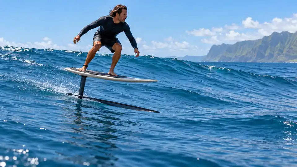 Rider gliding on a non-motorized high aspect hydrofoil front wing