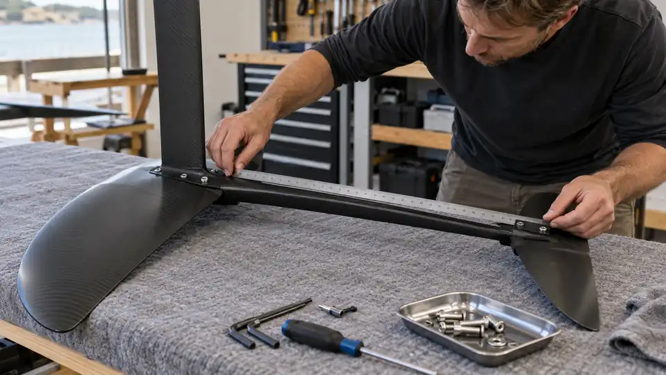 Technician measuring the distance between a hydrofoil front wing and stabilizer
