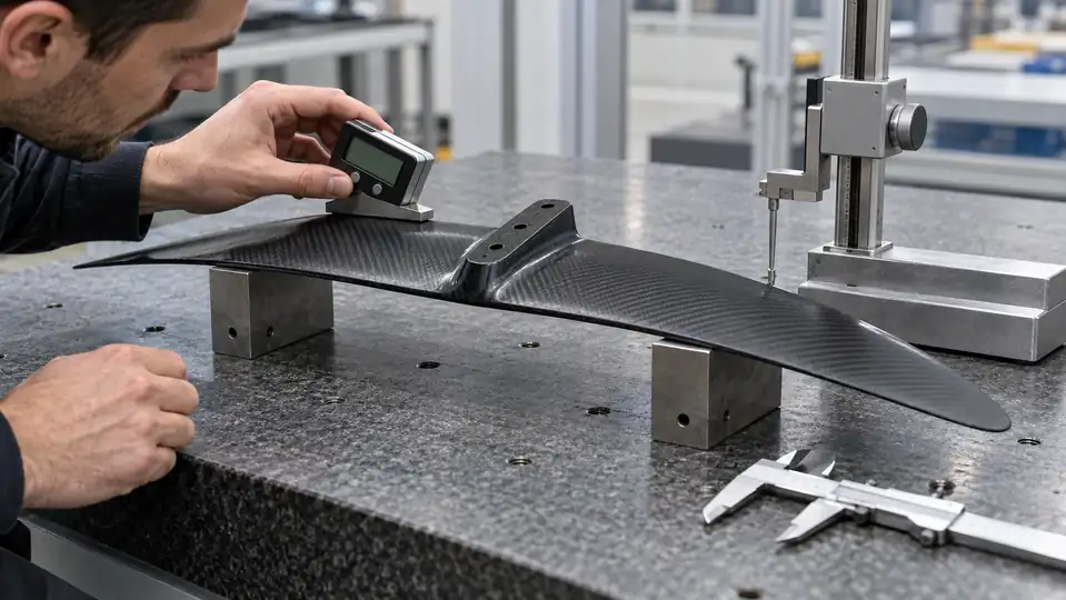 Quality engineer measuring hydrofoil stabilizer mounting angle and symmetry