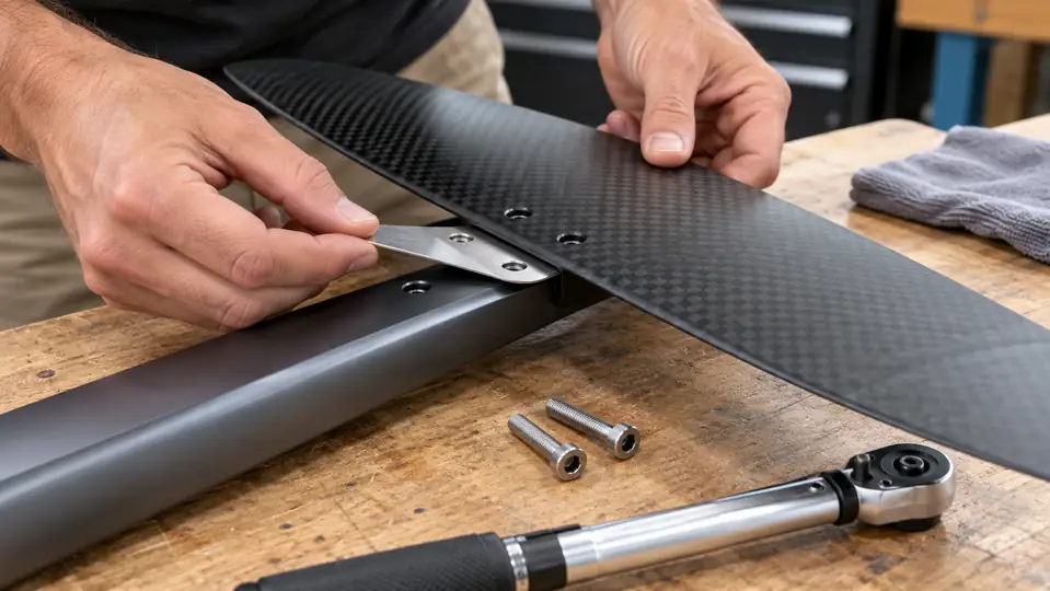 Technician installing a precision shim beneath a carbon hydrofoil stabilizer