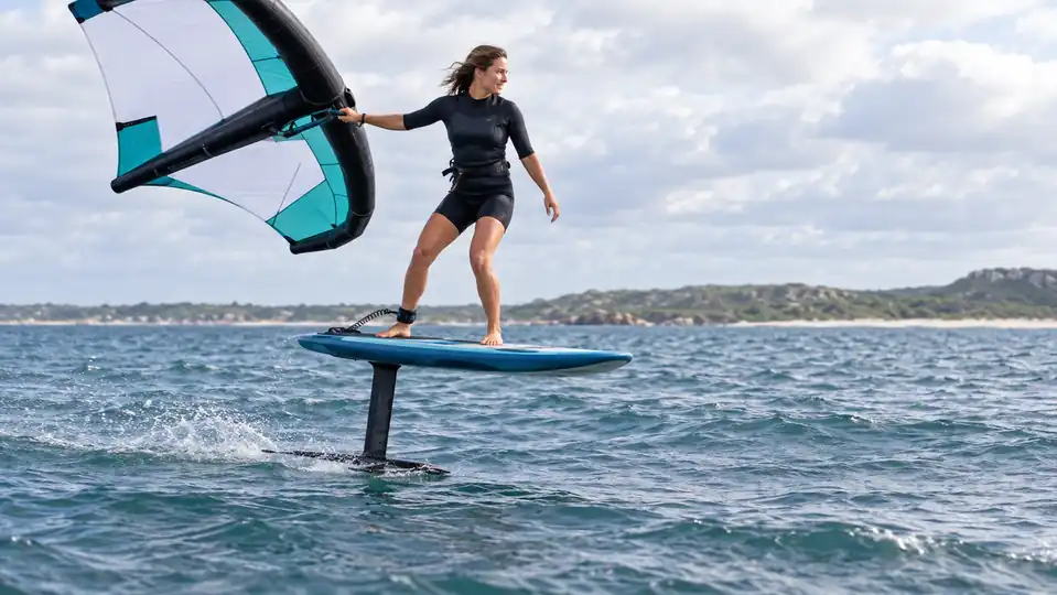 Wing foiler maintaining a steady board pitch above moderate water chop