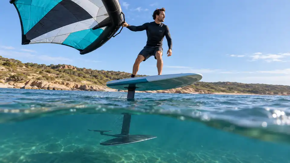 Wing foiler lifting smoothly on a broad stable hydrofoil front wing