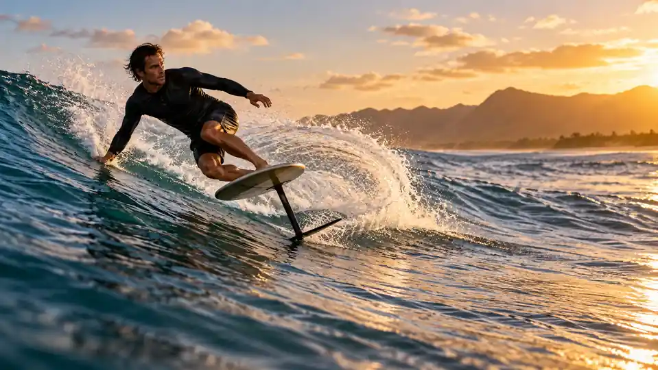 Surf foiler carving a tight turn on a responsive non-electric hydrofoil