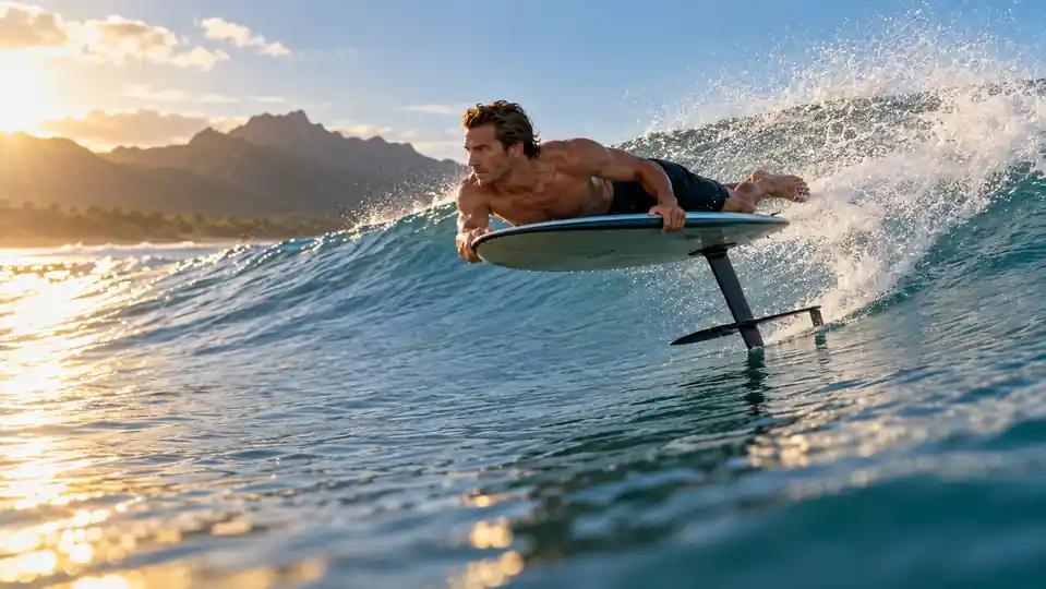 Prone surf foiler carving with a compact hydrofoil rear stabilizer