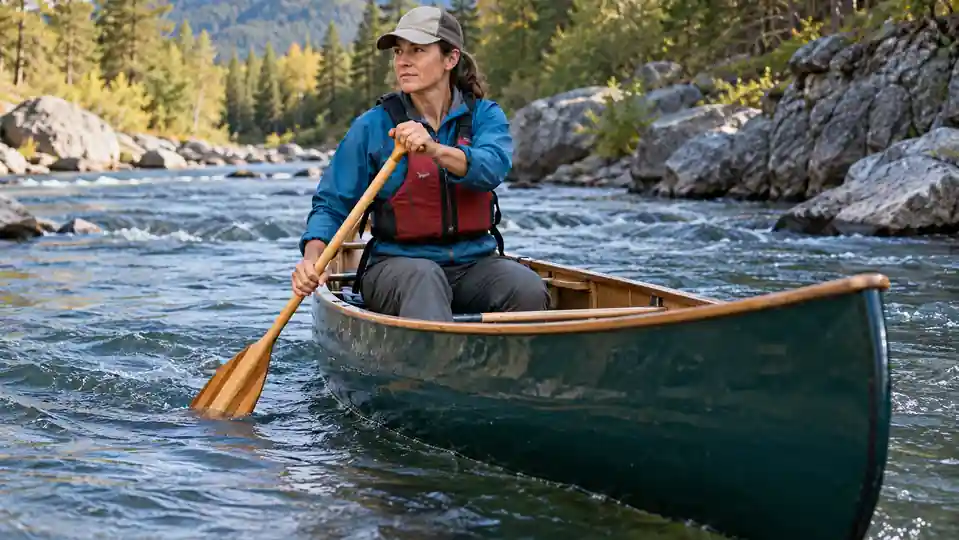 Solo canoeist using a straight-shaft paddle for river control